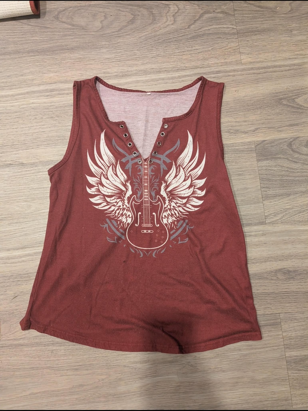 Women's Maroon Graphic Tank Top with Winged Guitar